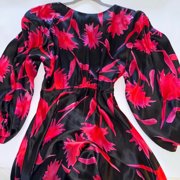 SALONI Kim B Floral 100% Silk Midi Dress Black Pink 8 - Picture 4 of 8